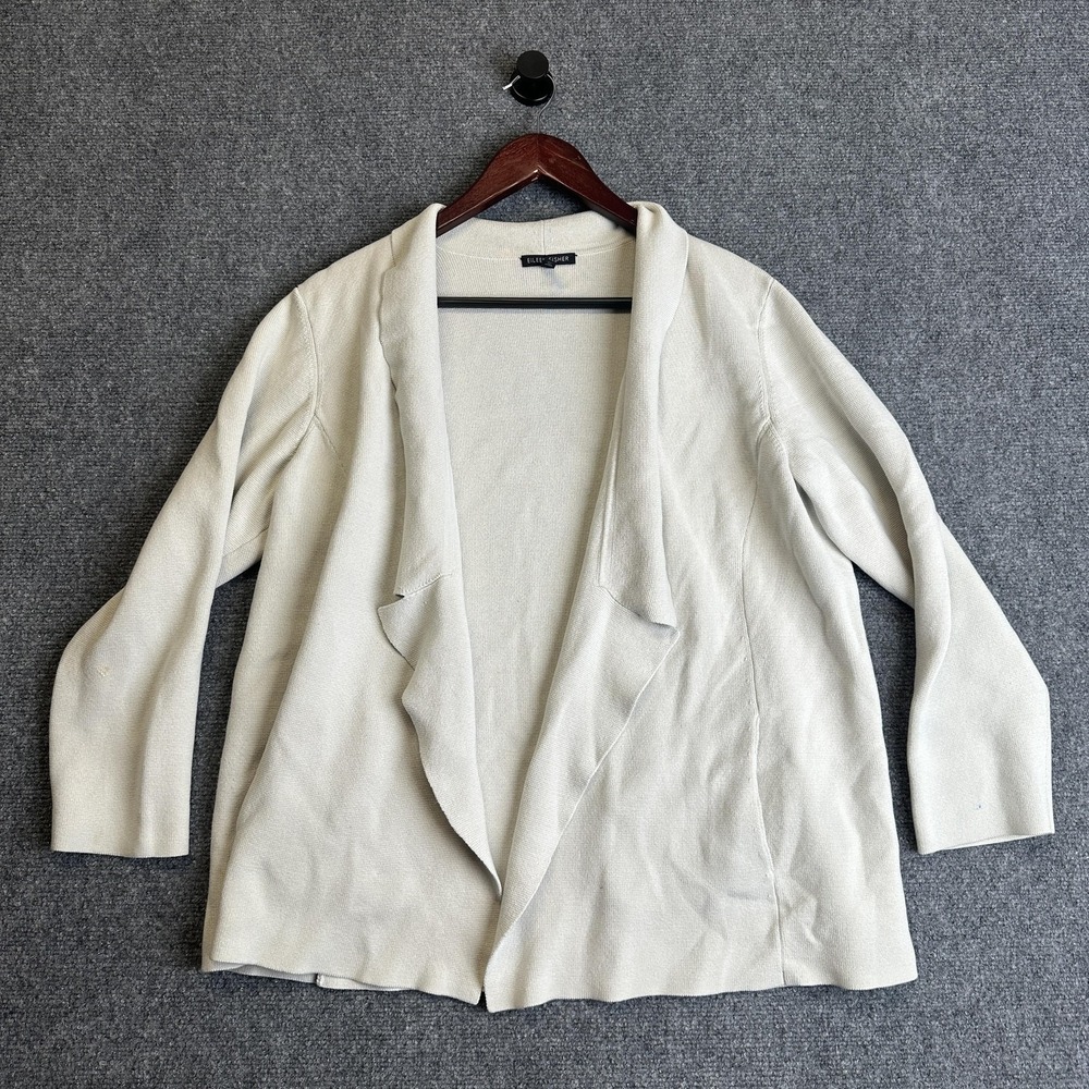 Eileen Fisher Cardigan Womens L White Knit Collared Silk Classic Minimal Chic
